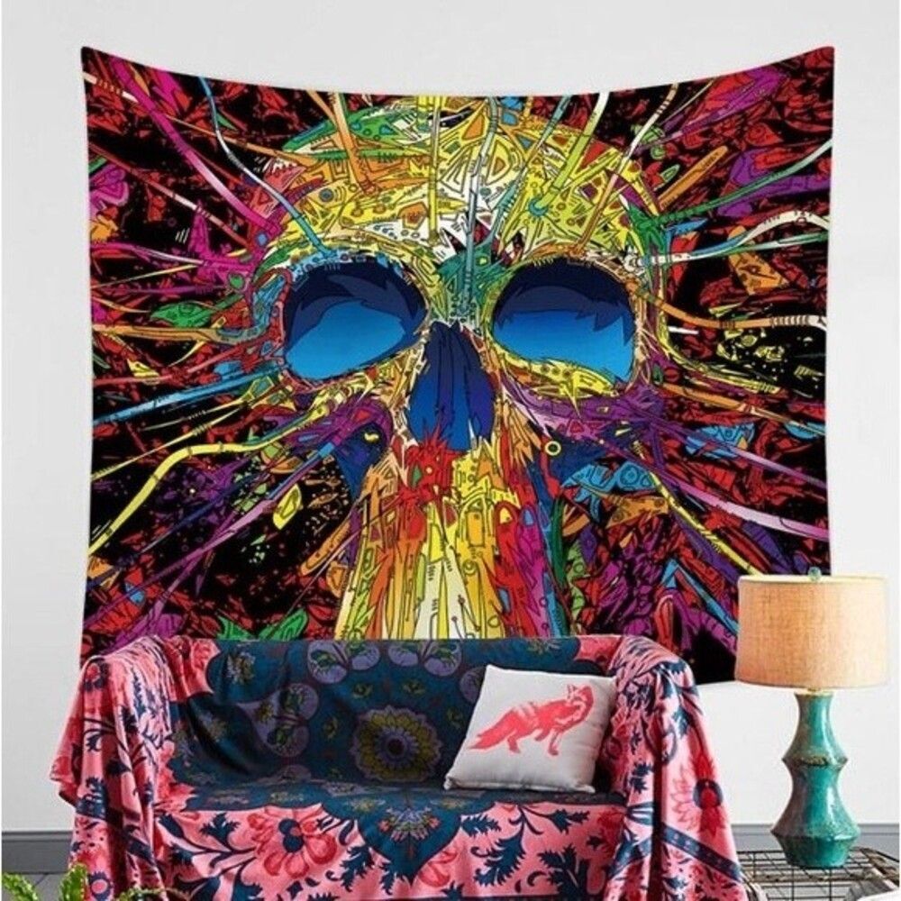 Psychedelic Trippy Vibe Acid Skull Tapestry. New
